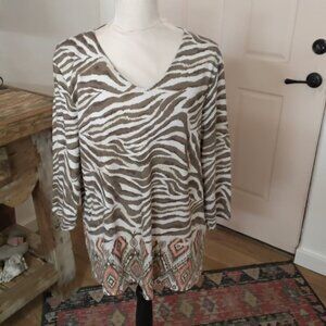Chico's Brown Animal Print with Orange Aztec Design 3/4 Sleeves Casual Top